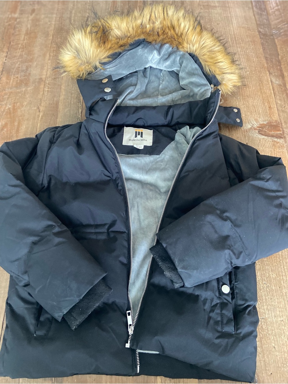 Kids’ Black Puffer Jacket with Faux Fur Hood Size 10/12